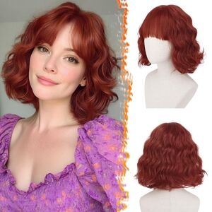 Copper Red Short Wavy Bob Wig w/ Bangs | 12‎ Inch | Synthetic